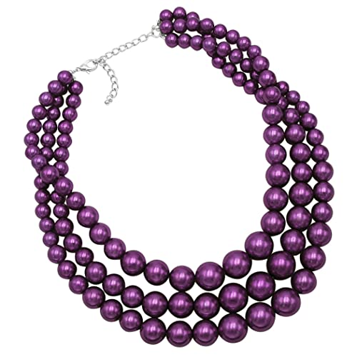 Rosemarie & Jubalee Women's 3 Colorful Multi Strands Simulated Pearl Necklace And Earrings Jewelry Gift Set, 18"+3" Extender - color: Metallic Dark Purple Silver Tone