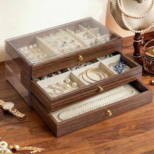 Wooden Jewelry Box for Women, 3-Layer Jewelry Organizers and Storage with 3 Drawers & Velvet Trays, Large Earring Holder, Necklace Ring Travel Case, Gift Box for Drawer, Wood - size: 3-Layer