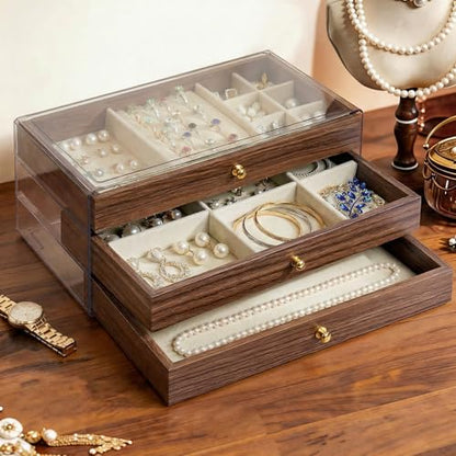 Wooden Jewelry Box for Women, 3-Layer Jewelry Organizers and Storage with 3 Drawers & Velvet Trays, Large Earring Holder, Necklace Ring Travel Case, Gift Box for Drawer, Wood - size: 3-Layer