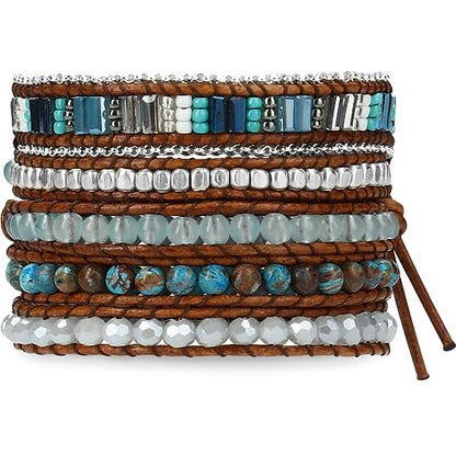 Bracelet for Women – Handmade Vegan Boho Natural Stone Layered Bracelet, Thailand Bohemian Stackable Beaded Wrap Bracelets, Summer Hippie Bracelet Stack, Fashion Jewelry Gifts - color: A18-Blue