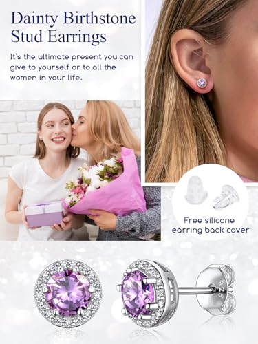Suplight 925 Sterling Silver Birthstone Stud Earrings for Women, Round/Heart/Teardrop/Square Crystal Diamond Earrings for Women, Dainty Birthday Gifts Jewelry - color: style a-06. round-June(Created Alexandrite)