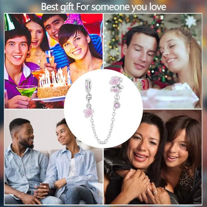 Charm for Bracelets and Necklaces Heart Cat Flower Boy 925 Sterling Silver Bead Birthday Jewelry Gift for Women - color: Cherry Blossom Safety Chain Charm