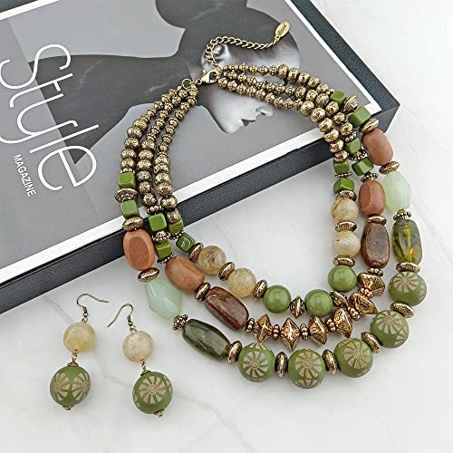 Bocar 3 Layer Chunky Statement Beaded Necklace and Earrings Set, Fashion Multi Layer Women Collar Necklace Jewelry Set - color: Olive