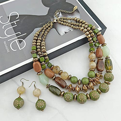 Bocar 3 Layer Chunky Statement Beaded Necklace and Earrings Set, Fashion Multi Layer Women Collar Necklace Jewelry Set - color: Olive