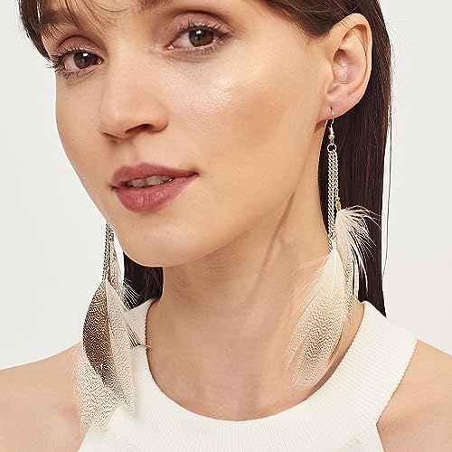 Boho Colorful Feather Dangle Earrings Handmade Beads Taseel Fashion Earrings for Women - color: Brown Taseel