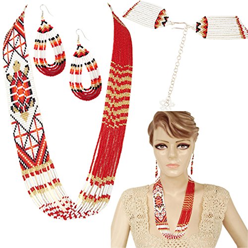 Handmade Beaded Indian Necklace,Inspired by Native American Style Long Necklace Earrings Set,One of a Kind beaded Necklace for Women,Perfect for Occasions, Gifts - color: Red, White