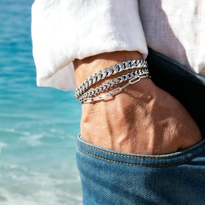 Mens Bracelet - Dainty Gold/Silver Chain Bracelet Stack 14K Gold Plated Silver Bracelets for Men Stainless Steel Adjustable Cross Charm Cuban Link Bracelet Snake Jewelry Set to Men Dad Birthday Day - color: S4, size: 7+2 Inch