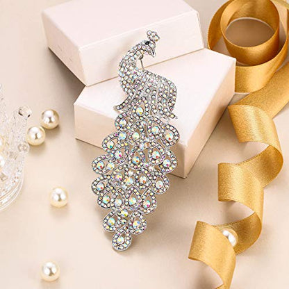 EVER FAITH New 5 Inch Peacock Pin Brooch Pendant Austrian Crystal - color: Silver-Tone Iridescent Clear AB