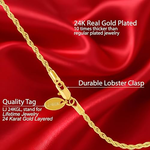 LIFETIME JEWELRY Gold Anklets for Women - 2mm Rope Chain Ankle Bracelet - 24k Real Gold Plated, Made in USA Since 1987 with Lifetime Replacement - color: Gold, size: 9 inches