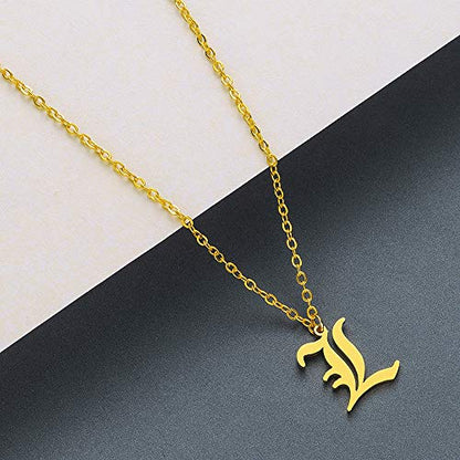 Women's Old English Initial Necklace 18K Gold Plated Stainless Steel Letter Pendant Gift - style: L