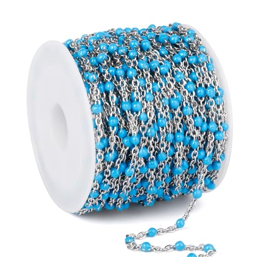 33FT 2mm Stainless Steel Light Blue Enamel Chains Bulk for Jewelry Making | 304 Stainless Steel Enamel Beaded Cable Chains Roll Spool for Necklace Bracelet Craft - color: Stainless Steel Light Blue Beads
