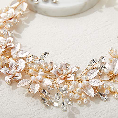 SWEETV Handmade Rhinestone Wedding Headband Flower-Leaf Bridal Headpieces for Wedding Pearl Hair Accessories (Gold) - color: Gold