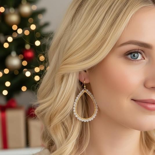 Boho Beads Teardrop Earrings Dangling Gold Hoop Earrings for Women - color: White