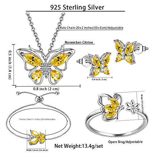 925 Sterling Silver Birthstone Butterfly Jewelry Women Crystal Animal Cute Butterflies Birthday Necklace/Earring/Ring/Bracelet Sets Birth Stone Statement Anniversary Jewellery - color: 3-K.November-Citrine