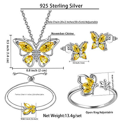 925 Sterling Silver Birthstone Butterfly Jewelry Women Crystal Animal Cute Butterflies Birthday Necklace/Earring/Ring/Bracelet Sets Birth Stone Statement Anniversary Jewellery - color: 3-K.November-Citrine