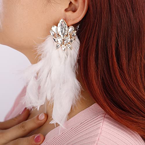 Denifery Long Feather Earrings Bohemian Earrings Multicolor Tassel Handmade Feather Earrings Dangling Earrings for Women (White) - color: White