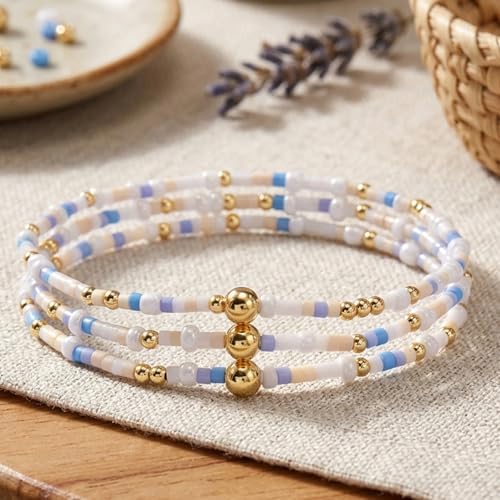 Dainty Gold Plated Tiny Ball Colorful Beaded Stack Bracelets Sets for Women,3Pcs Stackable Cute Bracelet Stretch Trendy Ball Jewelry Friendship Gift - color: lake-blue