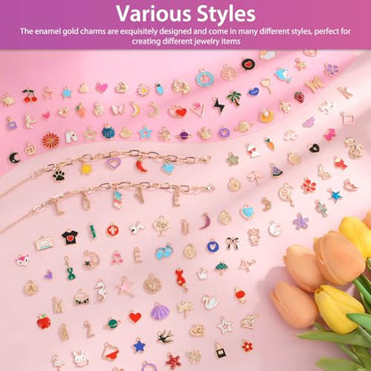 Flasoo 404Pcs Gold Charms for Jewelry Making, Assorted Bracelet Charm Letter Charms for DIY Jewelry Making Necklace Bracelet, Keychains and Crafts