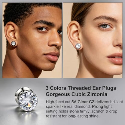ZS 316L Stainless Steel Screw-Fit Ear Tunnel AAA+ Cubic Zirconia Ear Gauges | External Threaded Flesh Tunnels Plugs Ear Expander Stretcher Piercing Jewelry for Women Men - color: Silver, size: 2g(6mm)