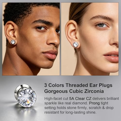ZS 316L Stainless Steel Screw-Fit Ear Tunnel AAA+ Cubic Zirconia Ear Gauges | External Threaded Flesh Tunnels Plugs Ear Expander Stretcher Piercing Jewelry for Women Men - color: Silver, size: 0g(8mm)