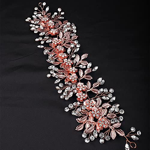 Bridal Flower Vine Leaf Hair Band with Rhinestones - Elegant Headpiece for Bride, Bridesmaid, Flower Girl, Prom, and Special Occasions (Rose Gold) - color: Rose Gold