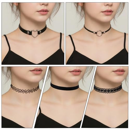 6 Pcs Choker Necklace for Women, Black Gothic Emo Choker Necklace for Women, Leather Stretchy Lace Chokers, Punk Emo Gothic Jewelry, Perfect for Daily Wear, Black