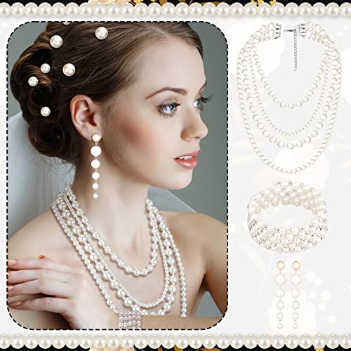 BBTO 8 Pcs Pearl Necklace and Earrings Set for Women Pearl Jewelry Set Faux Necklace Earrings Simulated Bracelets - style: Delicate Style