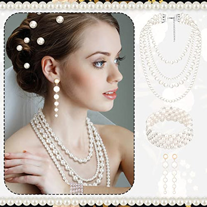 BBTO 8 Pcs Pearl Necklace and Earrings Set for Women Pearl Jewelry Set Faux Necklace Earrings Simulated Bracelets - style: Delicate Style