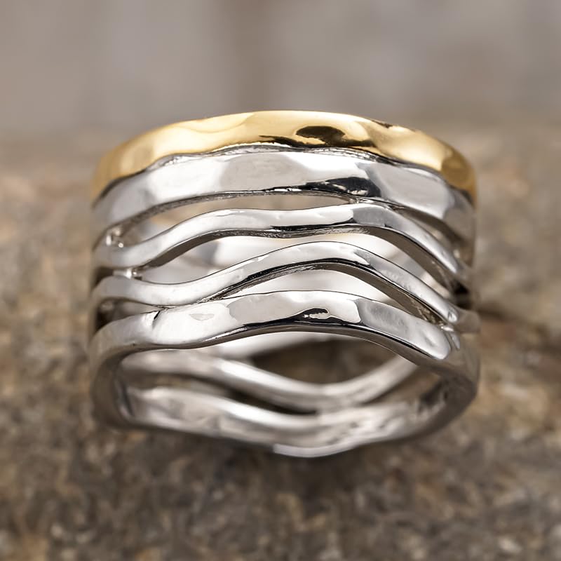 Simple Two Tone Wide Rings for Women Multilayer Wave Twisted Rings Daily Party Personality Rings Jewelry - color: silver&gold