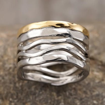 Simple Two Tone Wide Rings for Women Multilayer Wave Twisted Rings Daily Party Personality Rings Jewelry - color: silver&gold