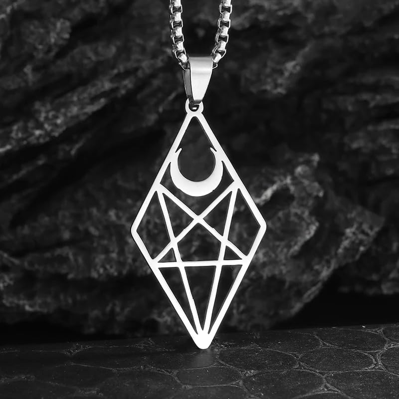 Stainless Steel Inverted Five-Pointed Star and Moon Pendant Necklace Men Women Gothic Pagan Satanic Magic Jewelry - color: silvery