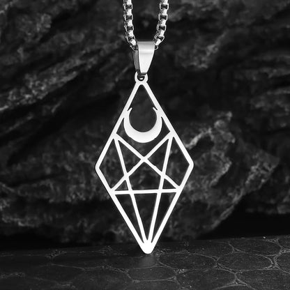 Stainless Steel Inverted Five-Pointed Star and Moon Pendant Necklace Men Women Gothic Pagan Satanic Magic Jewelry - color: silvery