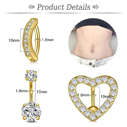 Belly Button Rings Stainless Steel 14G CZ Opal Navel Rings Barbells Women Girls Belly Piercing Jewelry - color: Golden Color-Clicker-StyleD: 5PCS