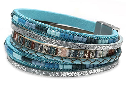 Fesciory Leather Wrap Bracelets for Women, Boho Western Layered Jewelry | Layered leather cuff bracelets, Easy on and off, Boho western style, Daily wear, Gift for women - color: Blue 2