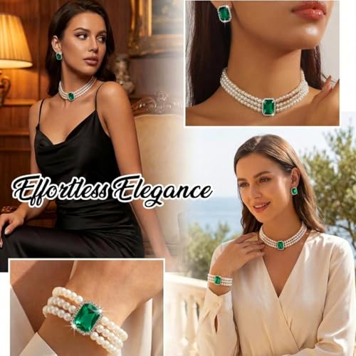 Brishow Pearl Necklace Jewelry Set Wedding Pearls Earrings Necklaces Set Bridal Crystal Bracelet Jewelry for Women (Pack of 3) - color: Green, size: 3 Layered