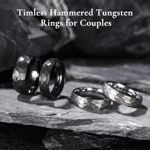 King Will Men's Tungsten Carbide Wedding Ring Hammered Groove Wedding Band Mens Two Tone Engagement Ring for Men and Women Matte Brushed Finish Comfort Fit - color: 6mm black