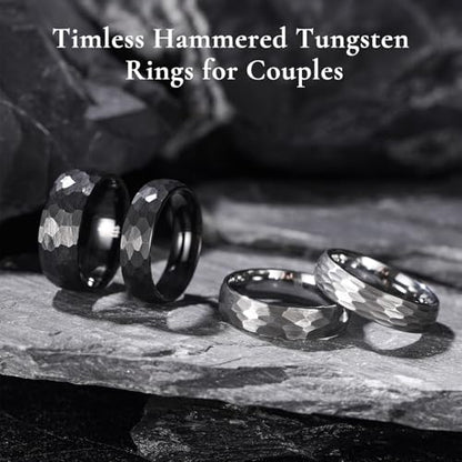 King Will Men's Tungsten Carbide Wedding Ring Hammered Groove Wedding Band Mens Two Tone Engagement Ring for Men and Women Matte Brushed Finish Comfort Fit - color: 8mm black