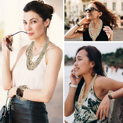 Shop LC Seed Bead Necklace Bracelet Set Boho Jewelry for Women | Multi Layered Boho, Wooden Clasp, 18 Inch Necklace, Stretchable Bracelet - color: Beige