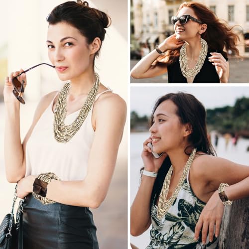 Shop LC Seed Bead Necklace Bracelet Set Boho Jewelry for Women | Multi Layered Boho, Wooden Clasp, 18 Inch Necklace, Stretchable Bracelet - color: Beige