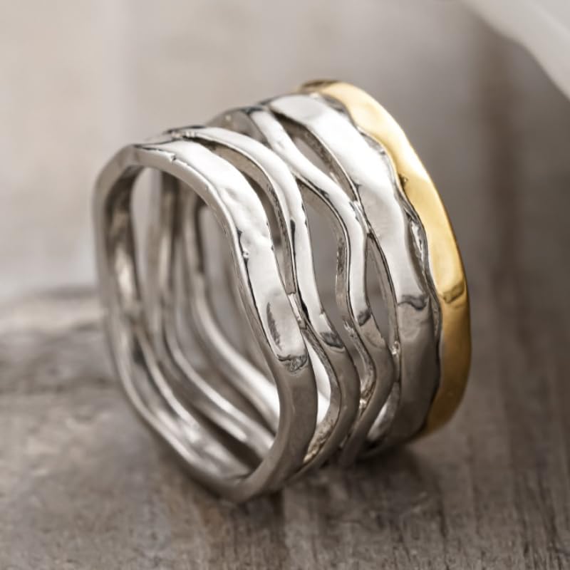 Simple Two Tone Wide Rings for Women Multilayer Wave Twisted Rings Daily Party Personality Rings Jewelry - color: silver&gold