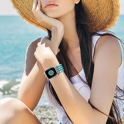Newlibery Natural Stone Bracelet Beaded-Band Women Compatible with Apple Watch 42mm(S3/2/1) 44/45/46/49mm Feminine Handmade Stretch Strap for iWatch Series 11/10/9/8/7/6/5/4/3/2/1 SE 3/2/1 Ultra1/2/3 - color: B1 Matt Green Turquoise, size: 46(s10/11)/49/4