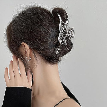 Spider Web Alloy Hair Claw Clips, 1Pcs Silver Punk & Y2K-Style Hair Accessory for Thin Hair - color: Silver Spider Web