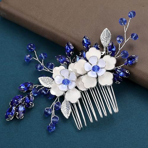 Flower Leaf Design Wedding Hair Comb, Metal Bridal Hair Accessory with Rhinestone, Wedding Prom Hair Clip Headpiece for Women (White Blue Flower) - color: White Blue Flower