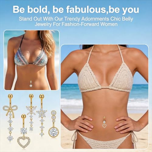 5Pcs Gold Belly Button Rings, Dangle Belly Rings, Belly Piercing Jewelry, 14G Stainless Steel Navel Piercing with Cute Heart Flower Butterfly Dangle Belly Ring