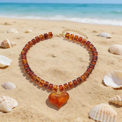 YUJIE Chunky Heart Pendant Necklace for Women- Exaggerated Statement Puff Heart Necklace with Acrylic Beaded Chain - color: amber