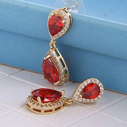 Pave Teardrop Earrings for Wedding Sterling Silver Double Pear Shaped CZ Cubic Zirconia Crystal Rhinestone Birthstone Dangle Earrings Bridal Jewelry for Bride Bridesmaids - color: Stunning Ruby