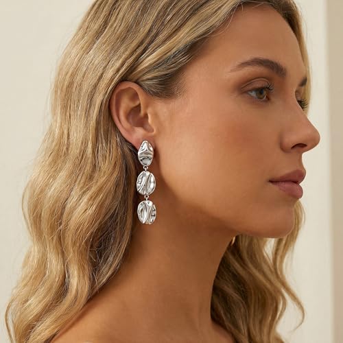 Gold Dangle Earrings for Women,Chunky 14K Gold Plated Drop Dangle Stud Earrings Long Statement Hammered Earring Hypoallergenic Jewelry for Women Gifts - style: Irregular Hammered-Silver