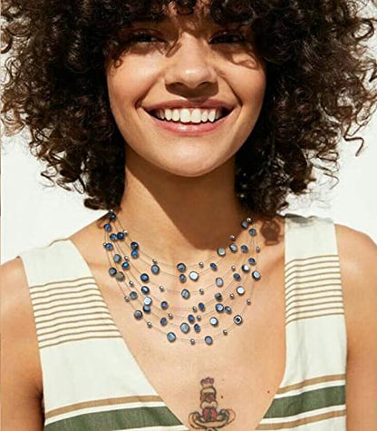 Multi-Layer Boho Shell Beaded Necklace for Women Colorful Crystal Strand with Silver Beads Statement Collars Necklace and Earrings Costumes Jewelry Sets for Women - color: Blue