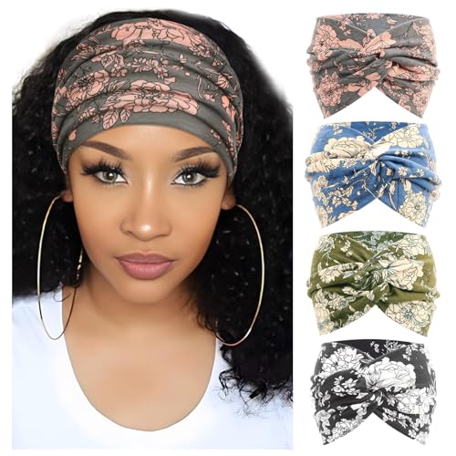 DRESHOW 4 Pack Turban Headbands for Women Wide Vintage Head Wraps Knotted Cute Hair Band Accessories - color: 4 Pcs Flower Patterned: Grey, Green, Blue, Black