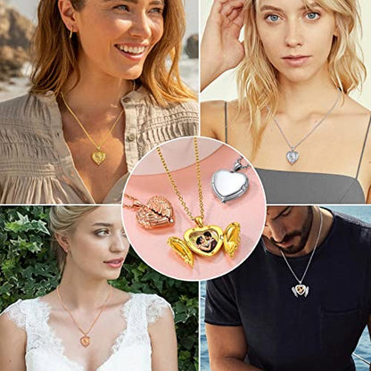 FindChic Locket Necklace for Women Custom Photo Memorial Gifts 4 Colors | Silver/Black/Rose Gold/Gold Plated Personalized for Loved Ones, Birthday Valentine's Day Keepsake - style: 02. Angel Wing 2-Gold